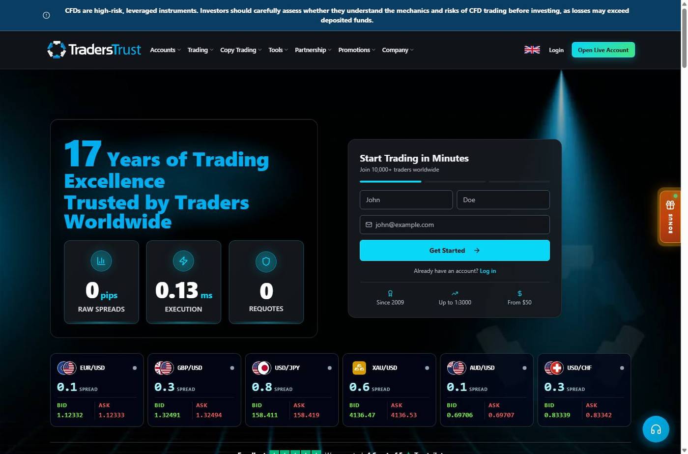 Screenshot of the Traders Trust website
